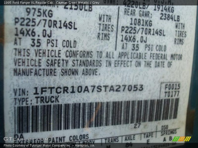 Cayman Green Metallic / Grey 1995 Ford Ranger XL Regular Cab