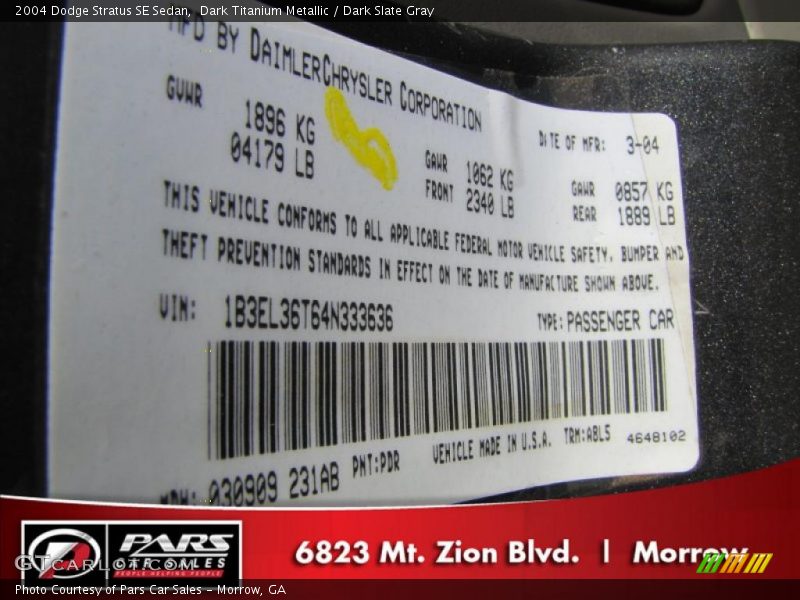 Dark Titanium Metallic / Dark Slate Gray 2004 Dodge Stratus SE Sedan
