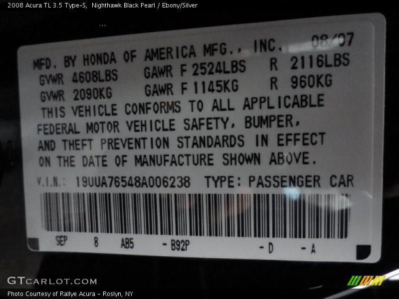 Nighthawk Black Pearl / Ebony/Silver 2008 Acura TL 3.5 Type-S