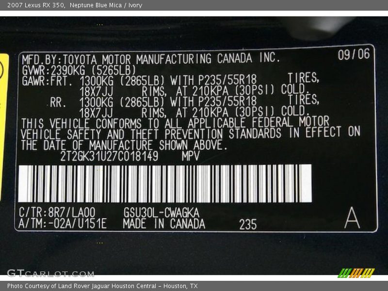 Neptune Blue Mica / Ivory 2007 Lexus RX 350
