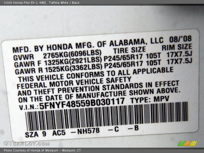 Taffeta White / Black 2009 Honda Pilot EX-L 4WD