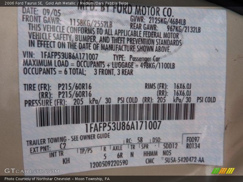 Gold Ash Metallic / Medium/Dark Pebble Beige 2006 Ford Taurus SE