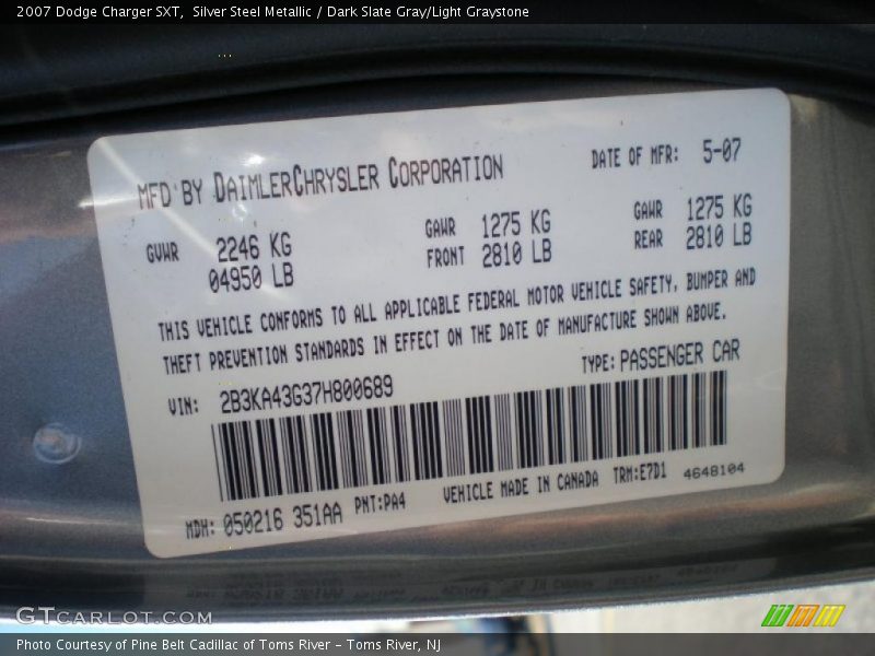 Silver Steel Metallic / Dark Slate Gray/Light Graystone 2007 Dodge Charger SXT