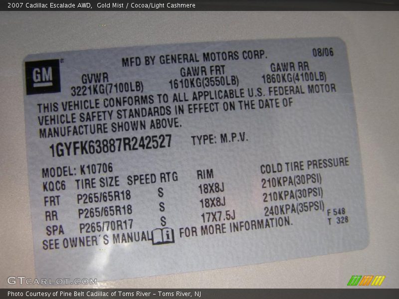 Gold Mist / Cocoa/Light Cashmere 2007 Cadillac Escalade AWD