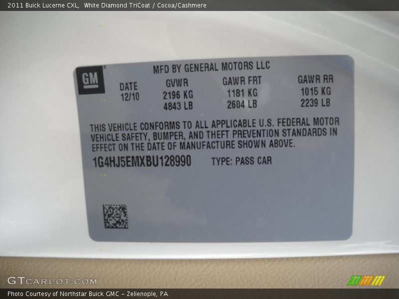 White Diamond TriCoat / Cocoa/Cashmere 2011 Buick Lucerne CXL