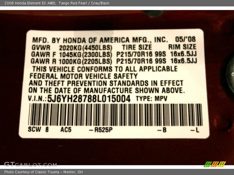 Tango Red Pearl / Gray/Black 2008 Honda Element EX AWD