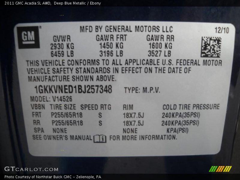 Deep Blue Metallic / Ebony 2011 GMC Acadia SL AWD