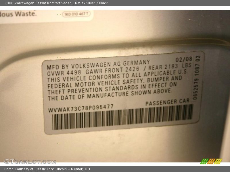 Reflex Silver / Black 2008 Volkswagen Passat Komfort Sedan