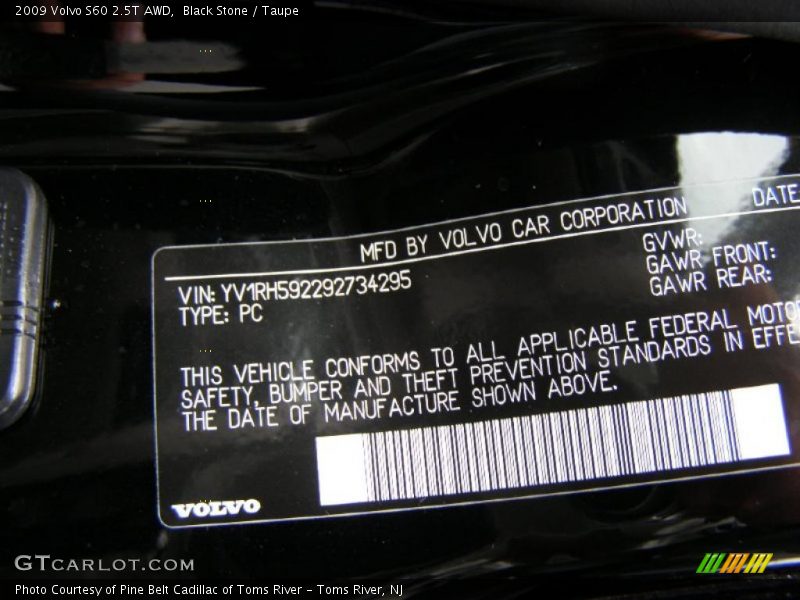 Info Tag of 2009 S60 2.5T AWD
