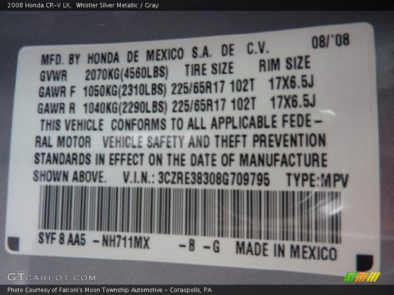 2008 CR-V LX Whistler Silver Metallic Color Code NH711MX