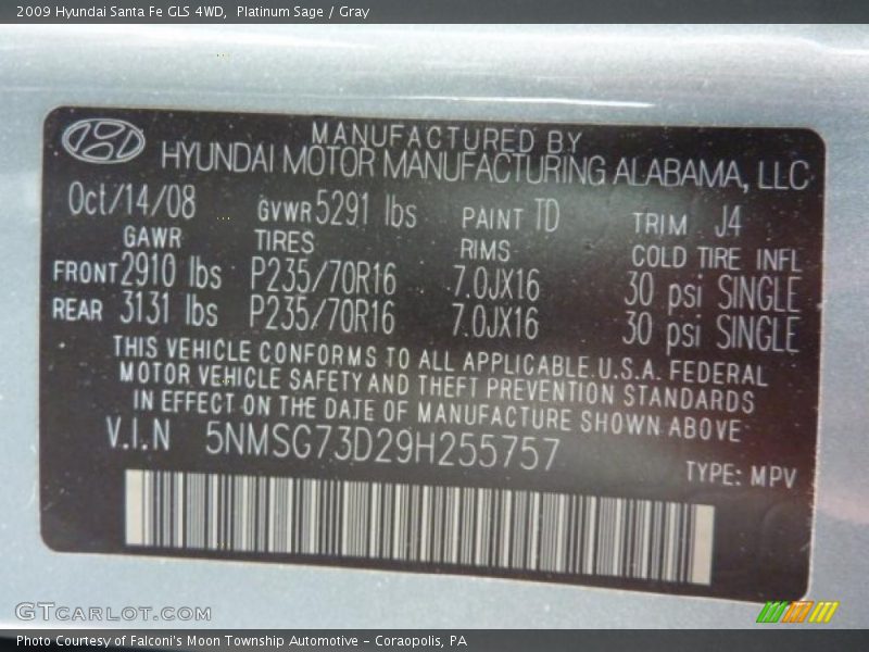 Platinum Sage / Gray 2009 Hyundai Santa Fe GLS 4WD