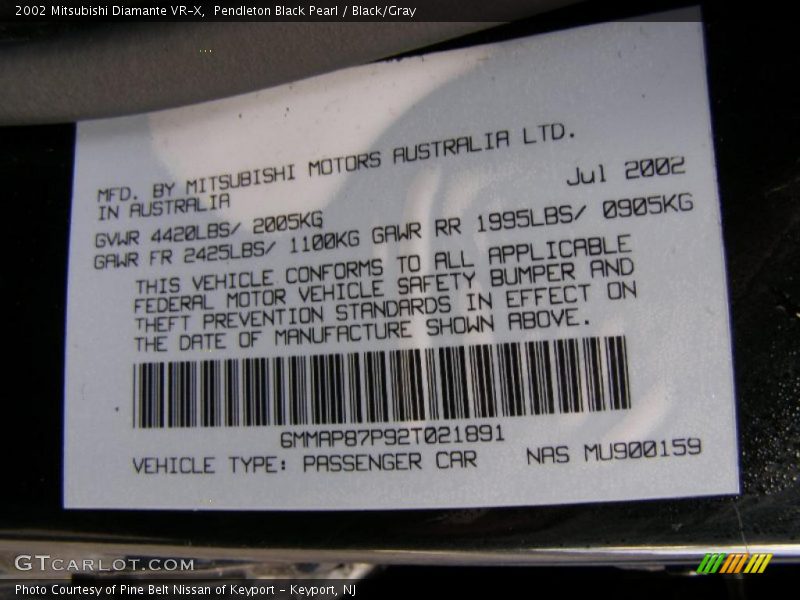 Pendleton Black Pearl / Black/Gray 2002 Mitsubishi Diamante VR-X