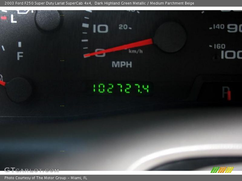 Dark Highland Green Metallic / Medium Parchment Beige 2003 Ford F250 Super Duty Lariat SuperCab 4x4