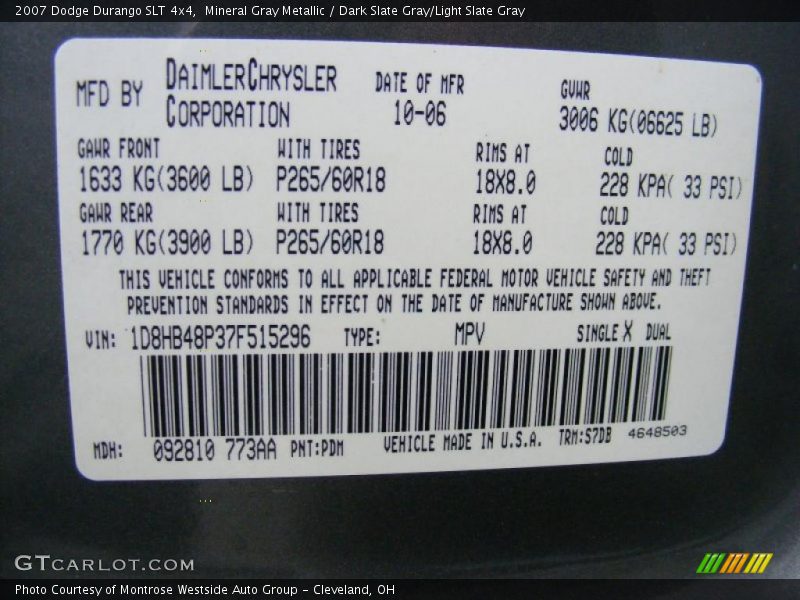 Mineral Gray Metallic / Dark Slate Gray/Light Slate Gray 2007 Dodge Durango SLT 4x4