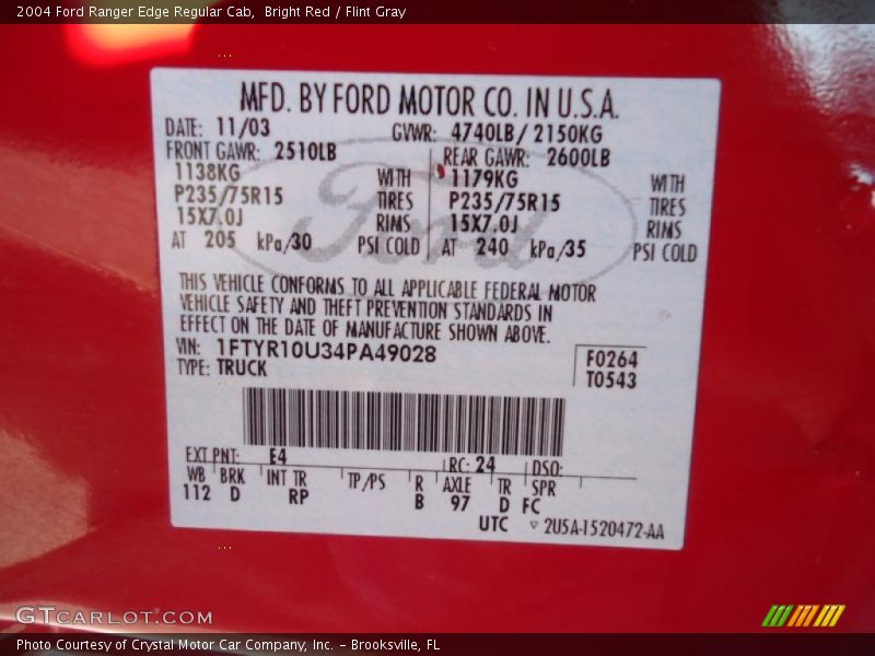 2004 Ranger Edge Regular Cab Bright Red Color Code E4