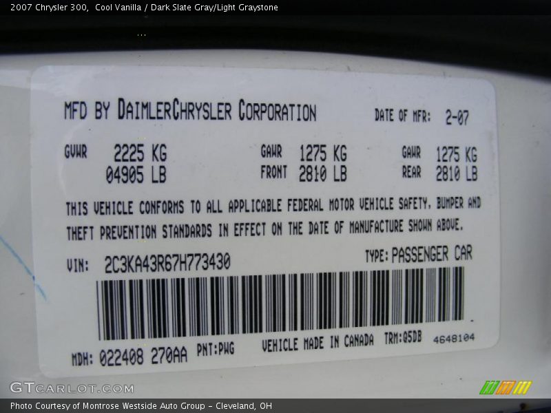 Cool Vanilla / Dark Slate Gray/Light Graystone 2007 Chrysler 300