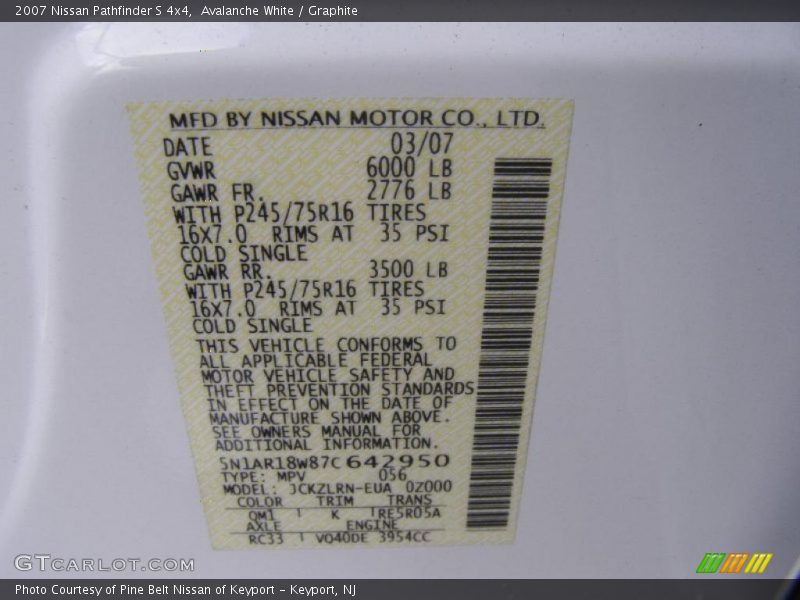 Avalanche White / Graphite 2007 Nissan Pathfinder S 4x4