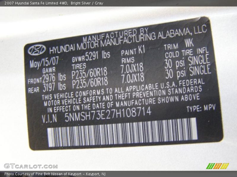 Bright Silver / Gray 2007 Hyundai Santa Fe Limited 4WD