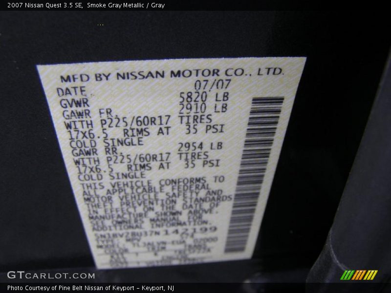 Smoke Gray Metallic / Gray 2007 Nissan Quest 3.5 SE
