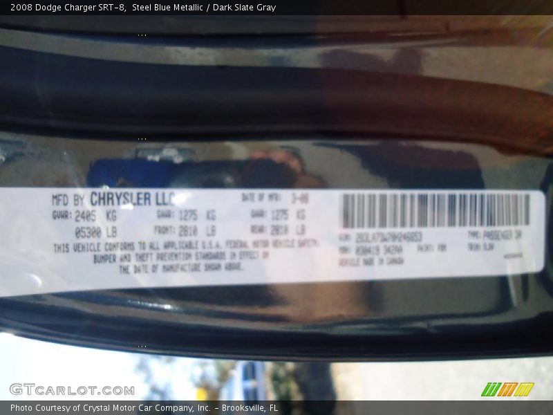 Steel Blue Metallic / Dark Slate Gray 2008 Dodge Charger SRT-8