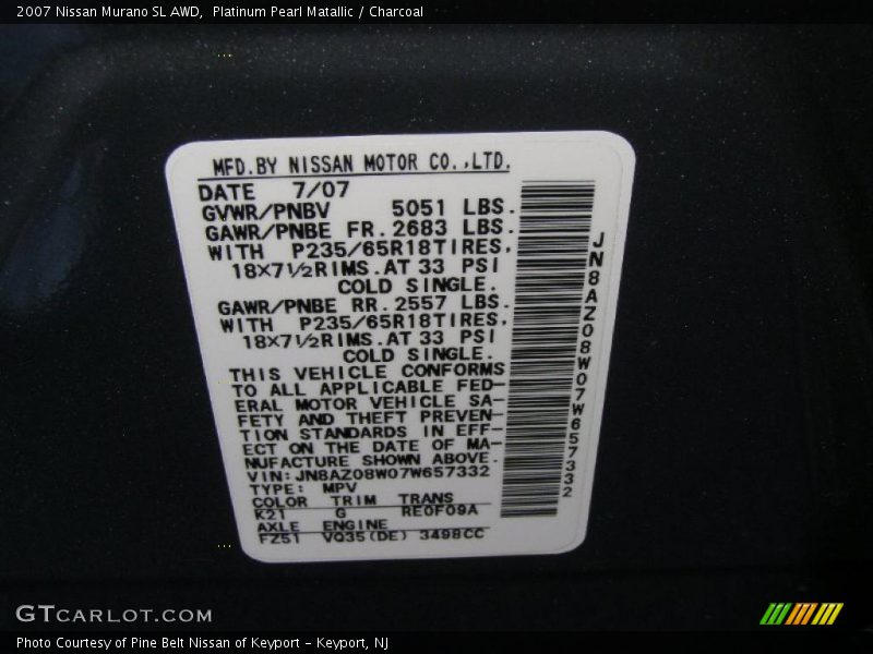 Platinum Pearl Matallic / Charcoal 2007 Nissan Murano SL AWD