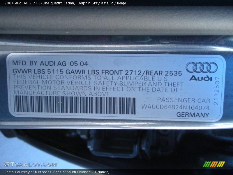 Dolphin Grey Metallic / Beige 2004 Audi A6 2.7T S-Line quattro Sedan