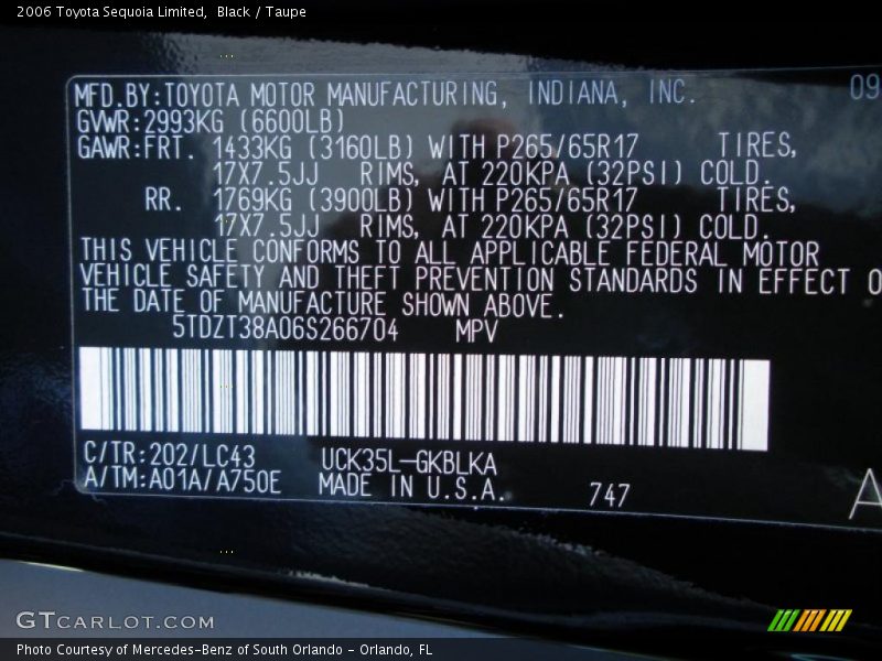 Info Tag of 2006 Sequoia Limited