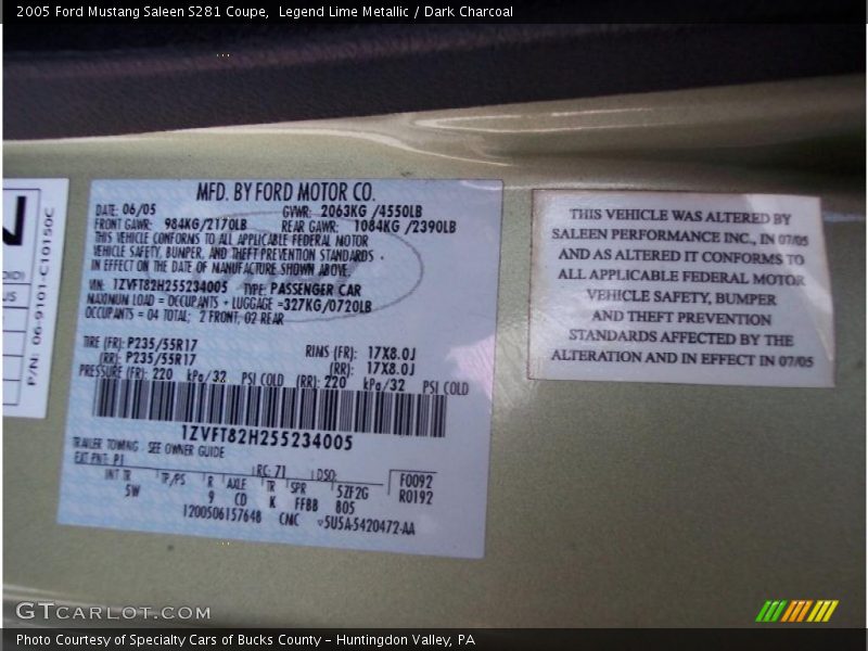 2005 Mustang Saleen S281 Coupe Legend Lime Metallic Color Code P1