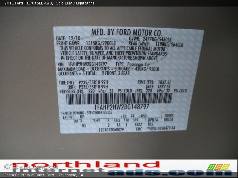 Gold Leaf / Light Stone 2011 Ford Taurus SEL AWD