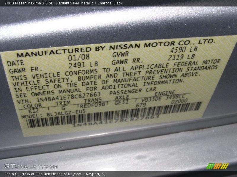 Radiant Silver Metallic / Charcoal Black 2008 Nissan Maxima 3.5 SL