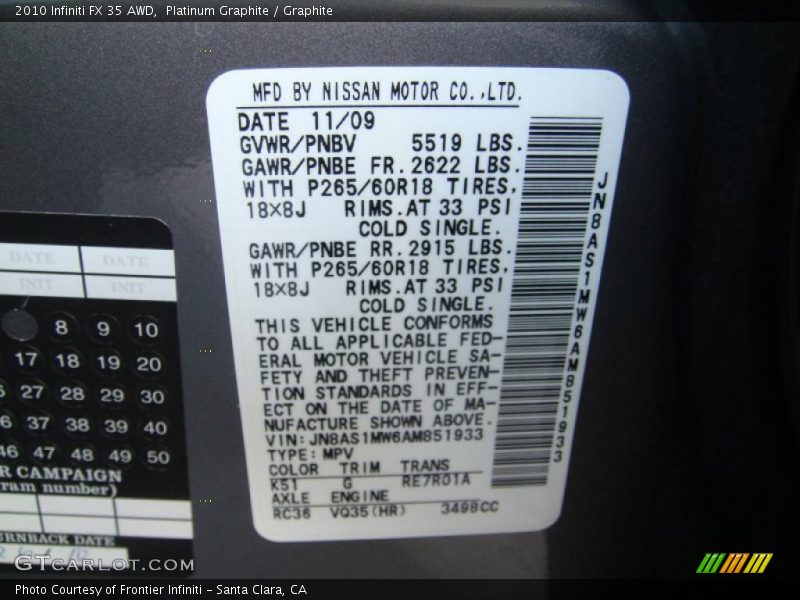 2010 FX 35 AWD Platinum Graphite Color Code K51