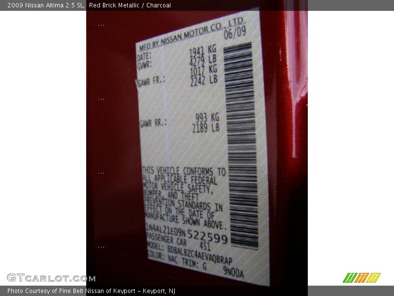 Red Brick Metallic / Charcoal 2009 Nissan Altima 2.5 SL