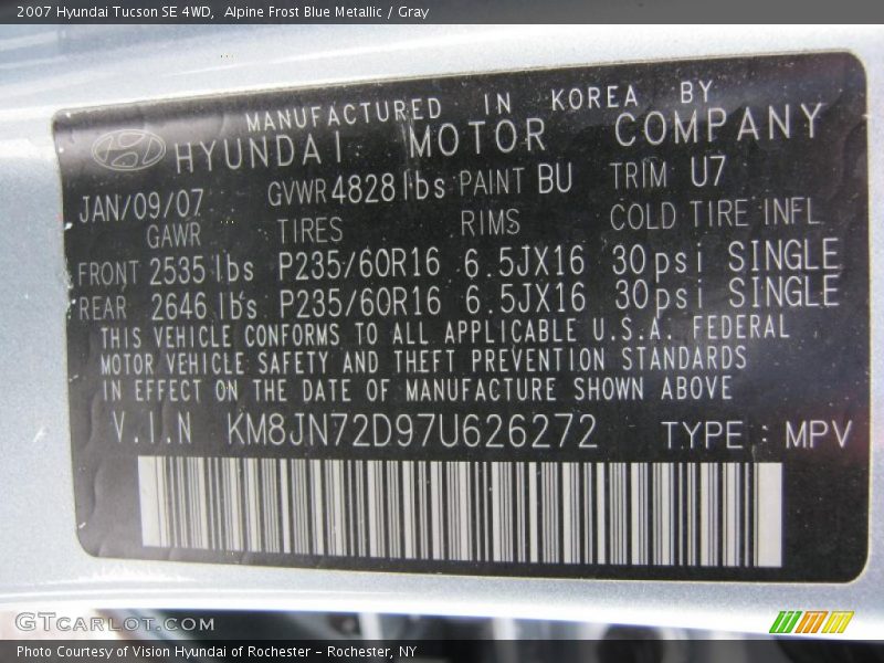 Alpine Frost Blue Metallic / Gray 2007 Hyundai Tucson SE 4WD