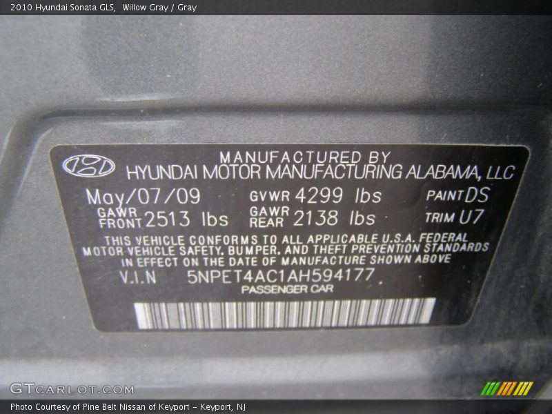 Willow Gray / Gray 2010 Hyundai Sonata GLS