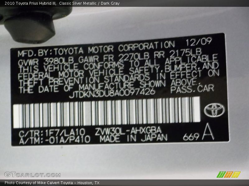 Classic Silver Metallic / Dark Gray 2010 Toyota Prius Hybrid III