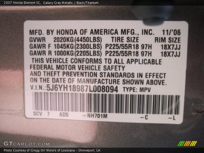 2007 Element SC Galaxy Gray Metallic Color Code NH701M