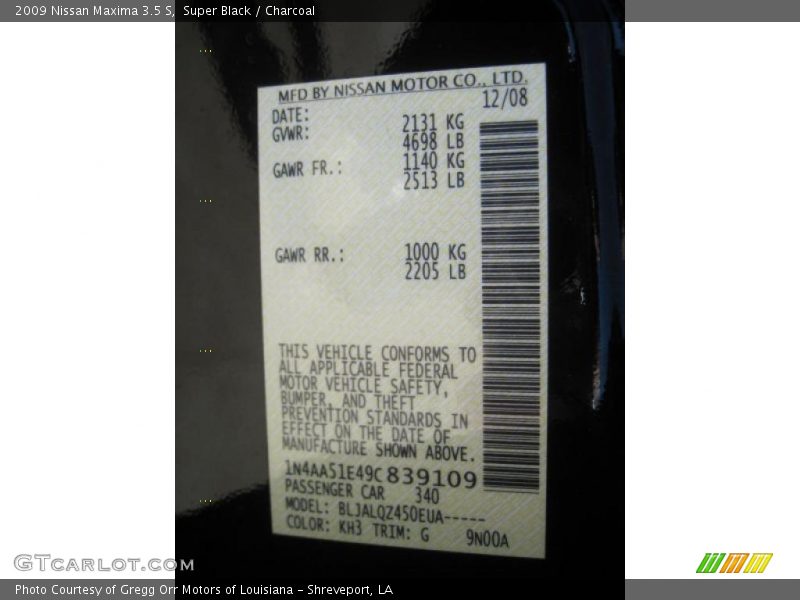 Super Black / Charcoal 2009 Nissan Maxima 3.5 S