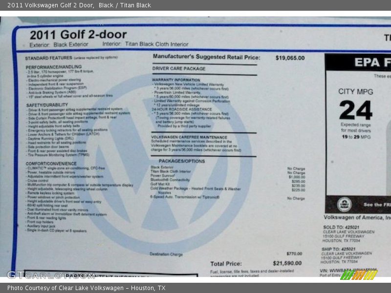  2011 Golf 2 Door Window Sticker