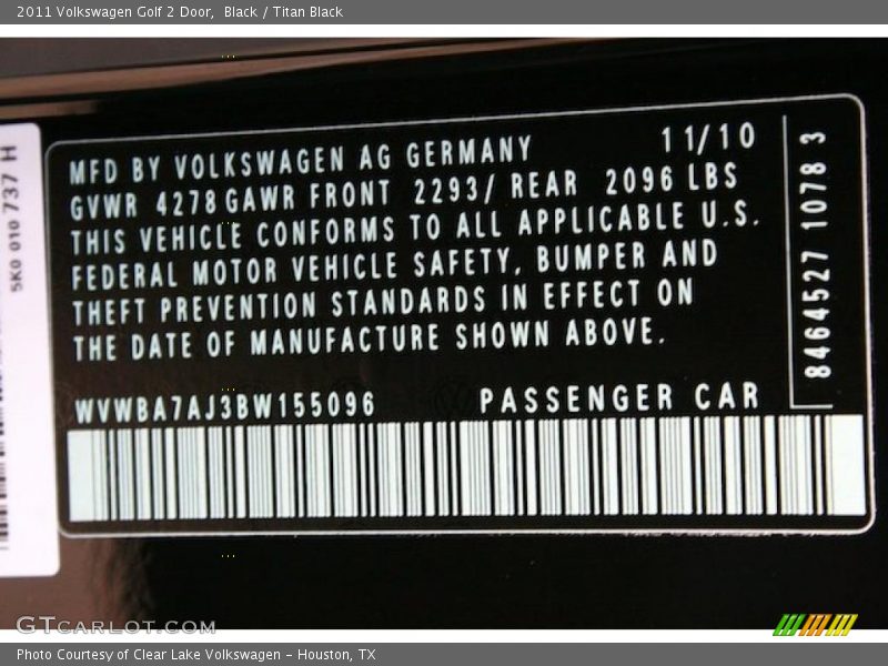 Info Tag of 2011 Golf 2 Door