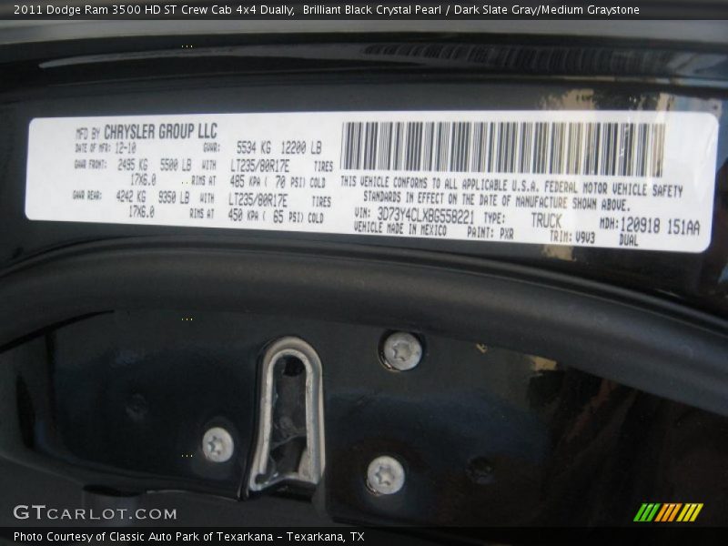 Brilliant Black Crystal Pearl / Dark Slate Gray/Medium Graystone 2011 Dodge Ram 3500 HD ST Crew Cab 4x4 Dually