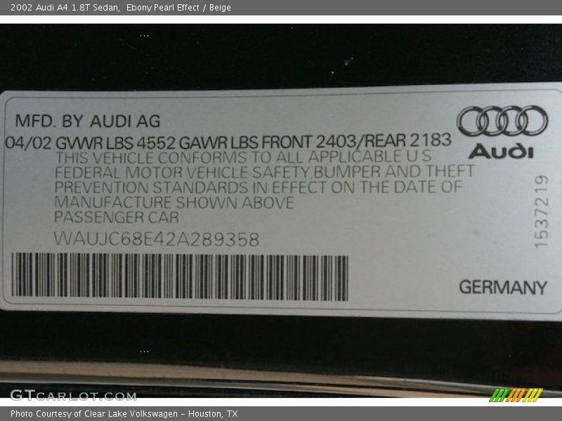 Ebony Pearl Effect / Beige 2002 Audi A4 1.8T Sedan