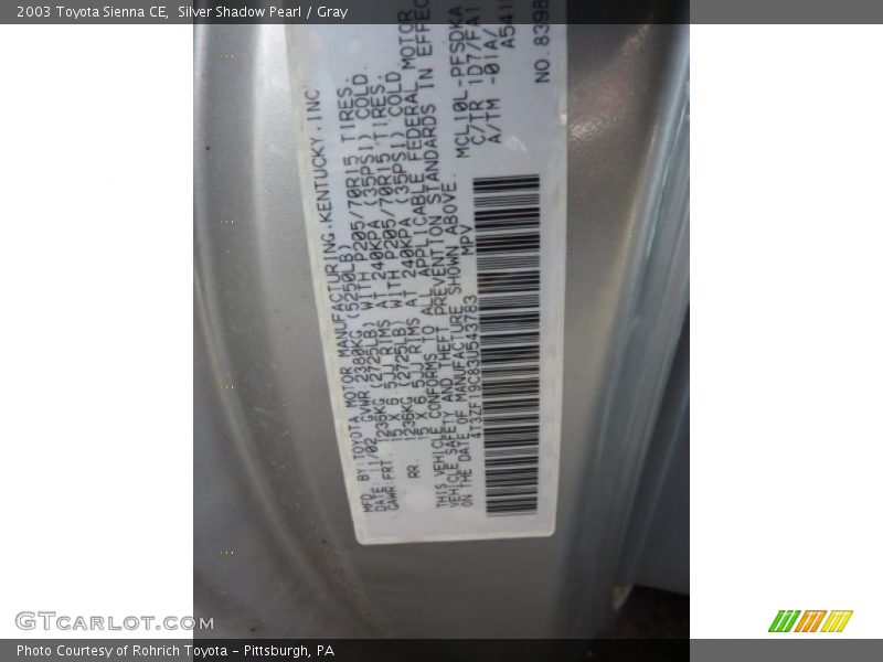 Silver Shadow Pearl / Gray 2003 Toyota Sienna CE
