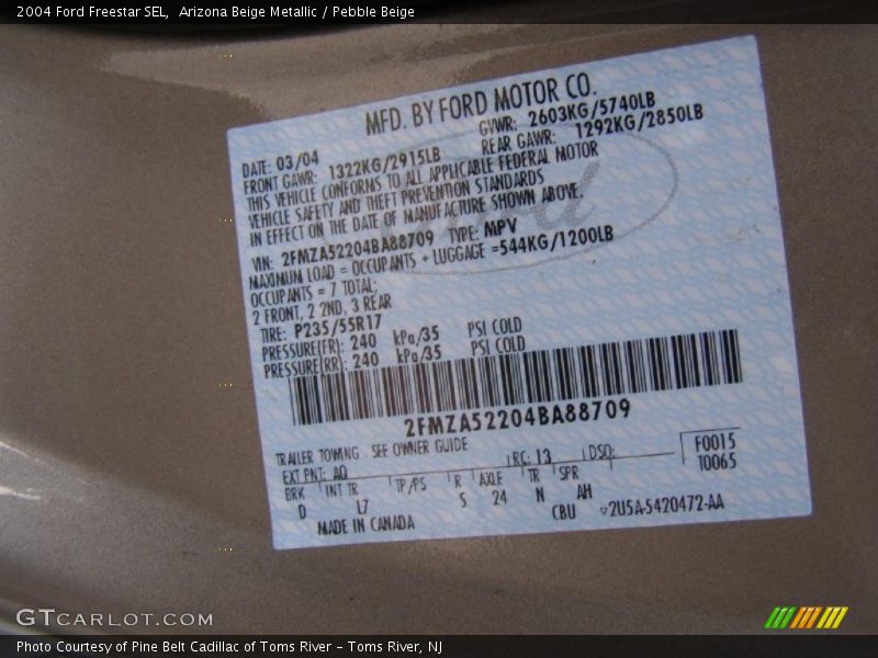 2004 Freestar SEL Arizona Beige Metallic Color Code AQ