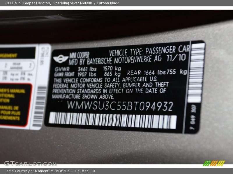 Sparkling Silver Metallic / Carbon Black 2011 Mini Cooper Hardtop