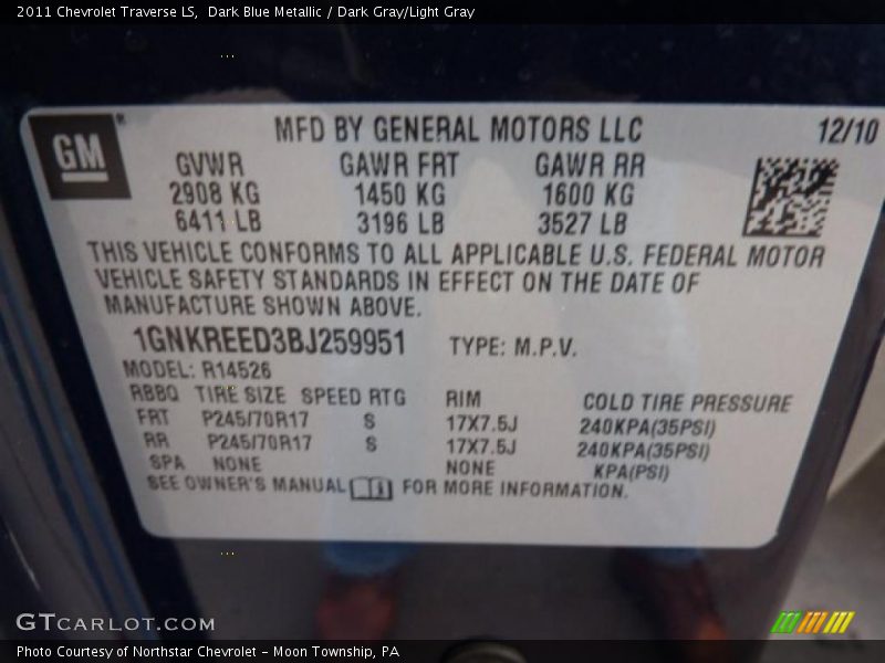 Dark Blue Metallic / Dark Gray/Light Gray 2011 Chevrolet Traverse LS