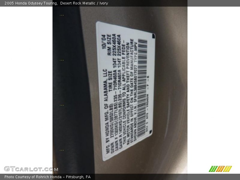 Desert Rock Metallic / Ivory 2005 Honda Odyssey Touring