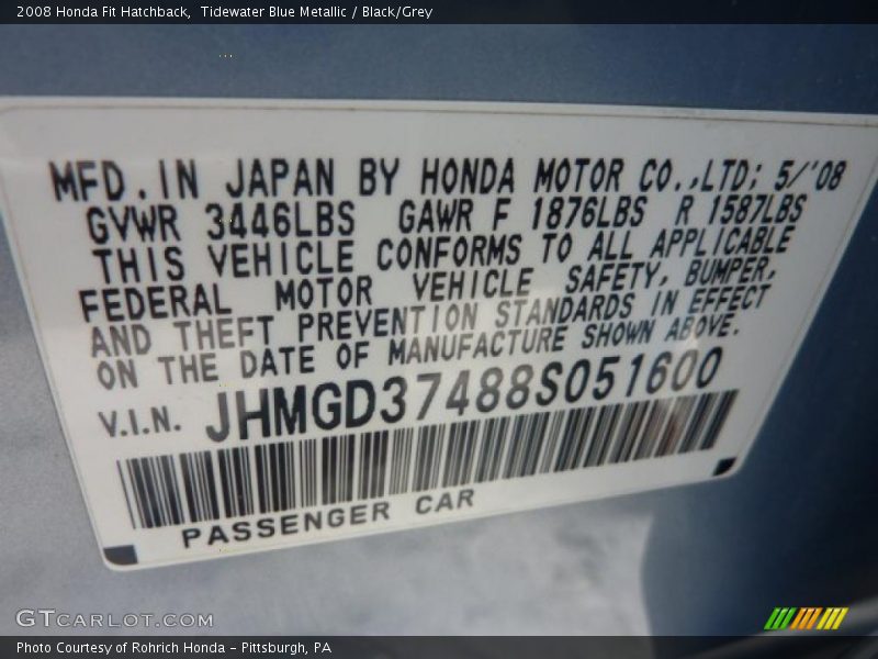 Tidewater Blue Metallic / Black/Grey 2008 Honda Fit Hatchback