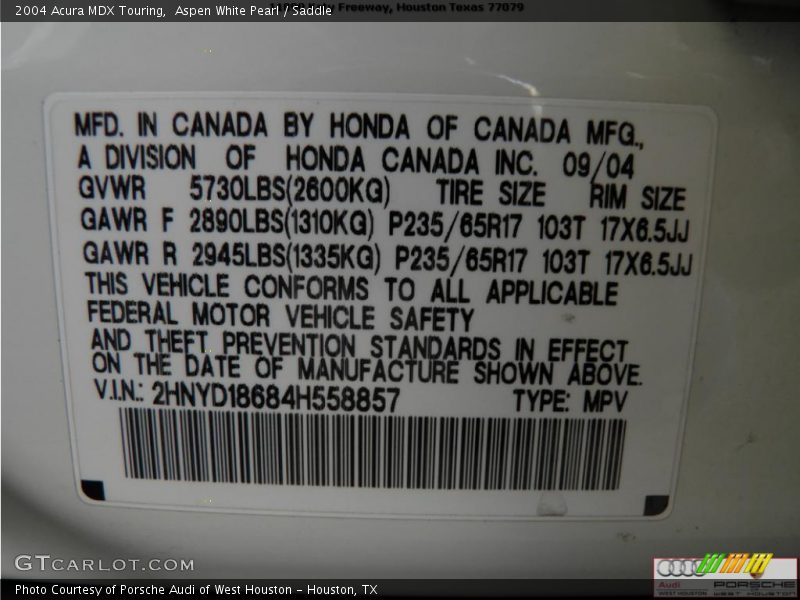 Aspen White Pearl / Saddle 2004 Acura MDX Touring