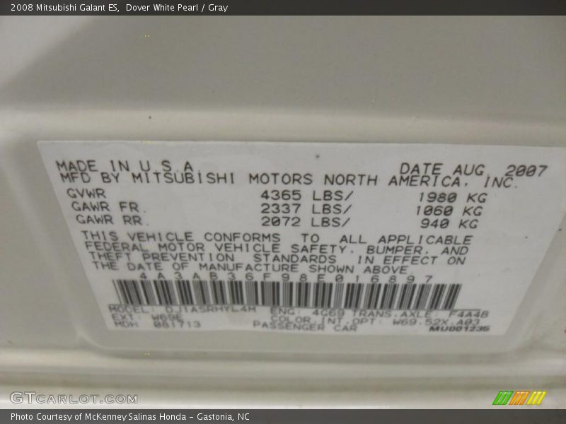 Dover White Pearl / Gray 2008 Mitsubishi Galant ES
