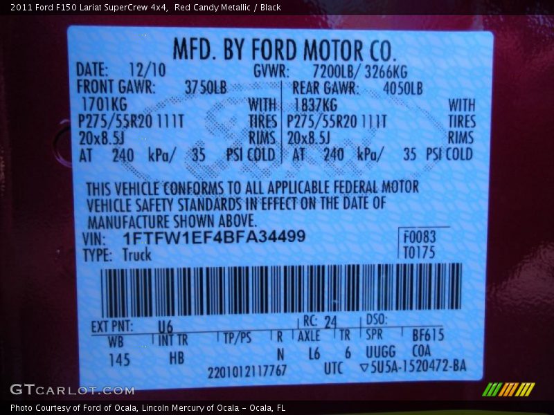 2011 F150 Lariat SuperCrew 4x4 Red Candy Metallic Color Code U6